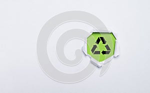 Black recycle icon sign on green background for recycling packing product and rubbish , sustainable development to save ecology