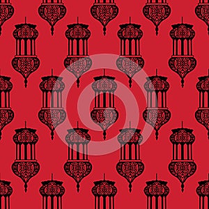 Black on Red Arabic Lantern Geometrical Pattern Seamless Repeat Background