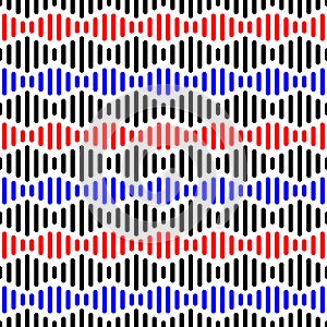 Black, red and blue sound wave stripes seamless pattern background vector.