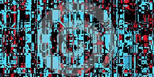 Black Red Blue Techno Lines Glitch Art Backdrop. Distorted Geometric Surface. Abstract grunge pattern. Distortion Screen Texture.