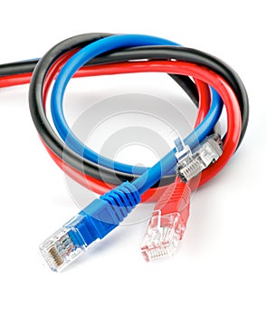 Black, red and blue UTP cords with RJ-45 Connector