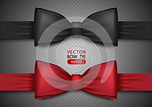 Black and red bow tie, realistic vector illustration, isolated on transparent background. Elegant silk neck bow. Vip event