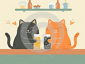 Black and red cat drink beer in the bar. Friends reunion. Beer festival. Flat illustration banner 4:3