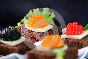 Black red caviar on sandwiches, decorated with greenery. Restaurant food breakfast dinner lunch