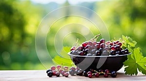 Black red currant berries in a bowl against the backdrop of the garden. Selective focus.