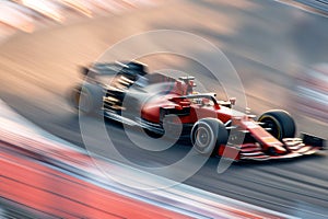 Black red fast racing car speed driving on track. Formula One race. Motion blur from long exposure