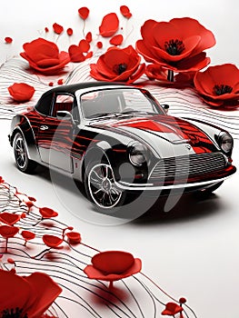 Black and red fine lines in pen and ink that form the outline of a CAR and a poppy flower.