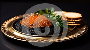 Black and Red fish caviar background. Holiday Party Appetizer, Slavic core concept. For wallpaper, backdrop, web, print