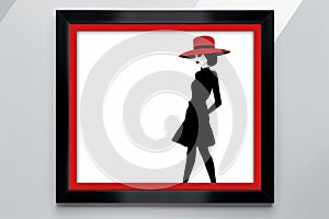 a black and red framed picture of a woman wearing a red hat