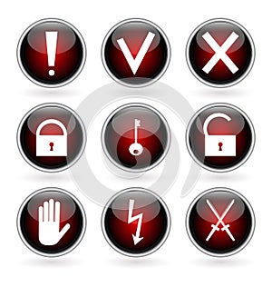 Black and red glossy buttons with security, hazard and warning signs.