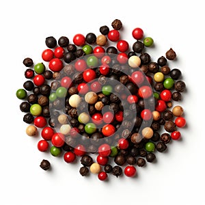 Black, red, green, white and allspice peppercorns isolated on white background