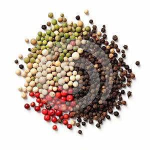 Black, red, green, white and allspice peppercorns isolated on white background