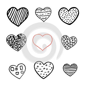 Black and red hand drawn hearts on white background. Vector design element for Valentine s day.