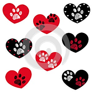 Black red heart with paw prints background