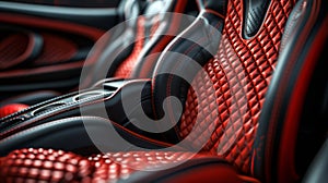 Black and red leather interior of modern luxury sports car. Close-up of console and ergonomic seats with stitching