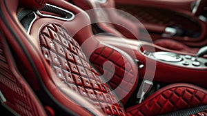 Black and red leather interior of modern luxury sports car. Close-up of console and ergonomic seats with stitching