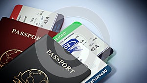 Black and red passports and airplane tickets. 3D illustration