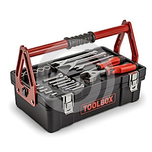 Portable Mechanic's Toolbox with Hand Tools and Socket Set Isolated on White