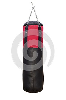 Black and red Punching bag or sandbag hanging for boxing isolated on white background.