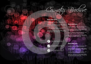 Black red purple background with Valentines day design for cosmetic brochure