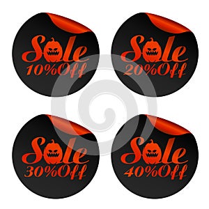 Black, red sale stickers set with pumpkin 10%, 20%, 30%, 40% off