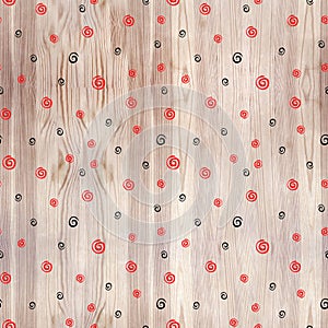 Black and red spiral on wood texture seamless pattern. Black and red line circles on white background. Geometric round