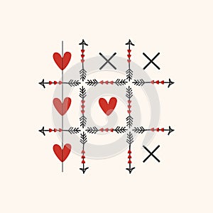 Black and red Tic Tac Toe game with arrows, heart and cross sign icons card on pink