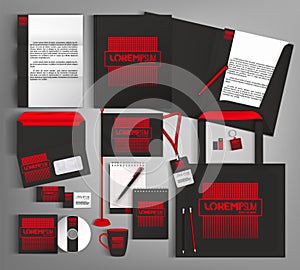 Black and red trendy corporate identity template design.