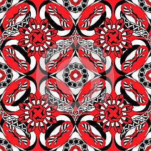 Black red white abstract beautiful vector seamless pattern. Intricate ornamental bright background. Decorative repeat