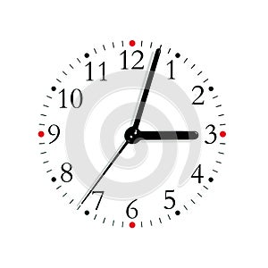 Black red white analogue clock face 3:03, isolated