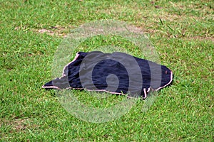 Black with red and white checkered edge picnic blanket left on uncut grass waiting for owners to enjoy and have fun