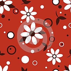Black red white floral seamless pattern. Groovy contrast flowers vector illustration, hippie aesthetic. Seventies style, summer,