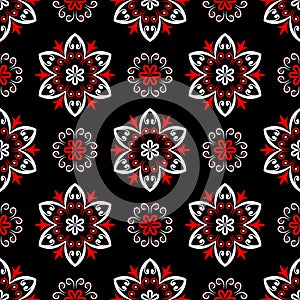 Black red and white floral seamless pattern. Wallpaper background