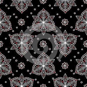 Black red and white floral seamless pattern. Wallpaper background