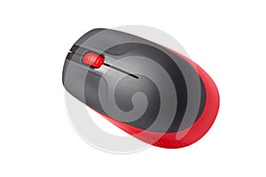 Black and red wireless laser computer mouse on a white background