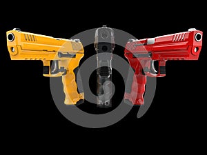 Black, red and yellow modern handguns