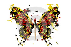 Black red yellow paint splash made butterfly
