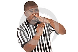 Black referee calling time out or a technical foul photo