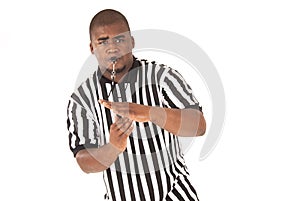 Black referee making a call of technical foul or t