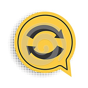 Black Refresh icon isolated on white background. Reload symbol. Rotation arrows in a circle sign. Yellow speech bubble
