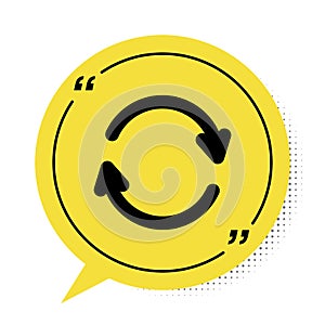 Black Refresh icon isolated on white background. Reload symbol. Rotation arrows in a circle sign. Yellow speech bubble