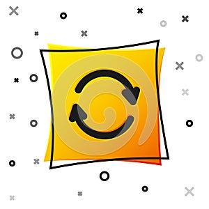 Black Refresh icon isolated on white background. Reload symbol. Rotation arrows in a circle sign. Yellow square button