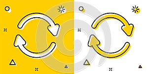 Black Refresh icon isolated on yellow and white background. Reload symbol. Rotation arrows in a circle sign. Random