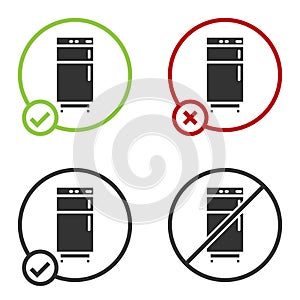 Black Refrigerator icon isolated on white background. Fridge freezer refrigerator. Household tech and appliances. Circle