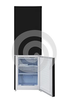 Black refrigerator Isolated on White Background. Modern Kitchen and Domestic Major Appliances