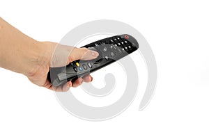 Black remote control in hand isolated on white background