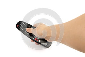 Black remote control in hand isolated on white background