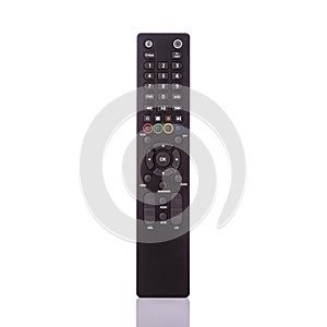 Black remote control for television. Studio shot isolated on white