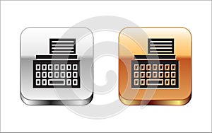 Black Retro typewriter and paper sheet icon isolated on white background. Silver-gold square button. Vector Illustration