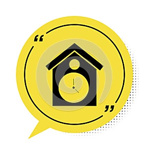 Black Retro wall watch icon isolated on white background. Cuckoo clock sign. Antique pendulum clock. Yellow speech